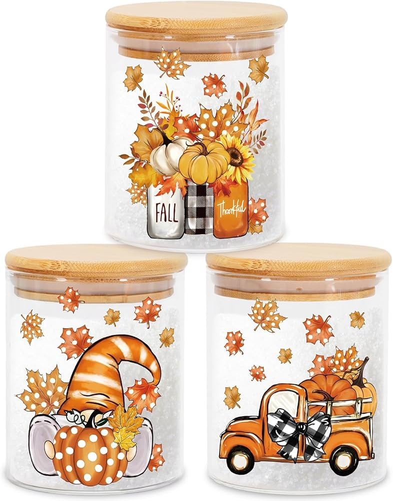 3Pcs Fall Glass Storage Jars with Airtight Bamboo Lid Orange Pumpkin Gnome Truck Canisters Sets f... | Amazon (US)