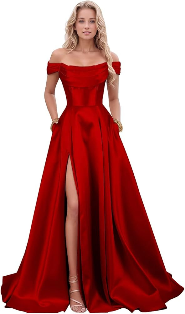 Women's Satin Prom Dresses with Slit Strapless A Line Corset Ball Gowns Off Shoulder Formal Eveni... | Amazon (US)