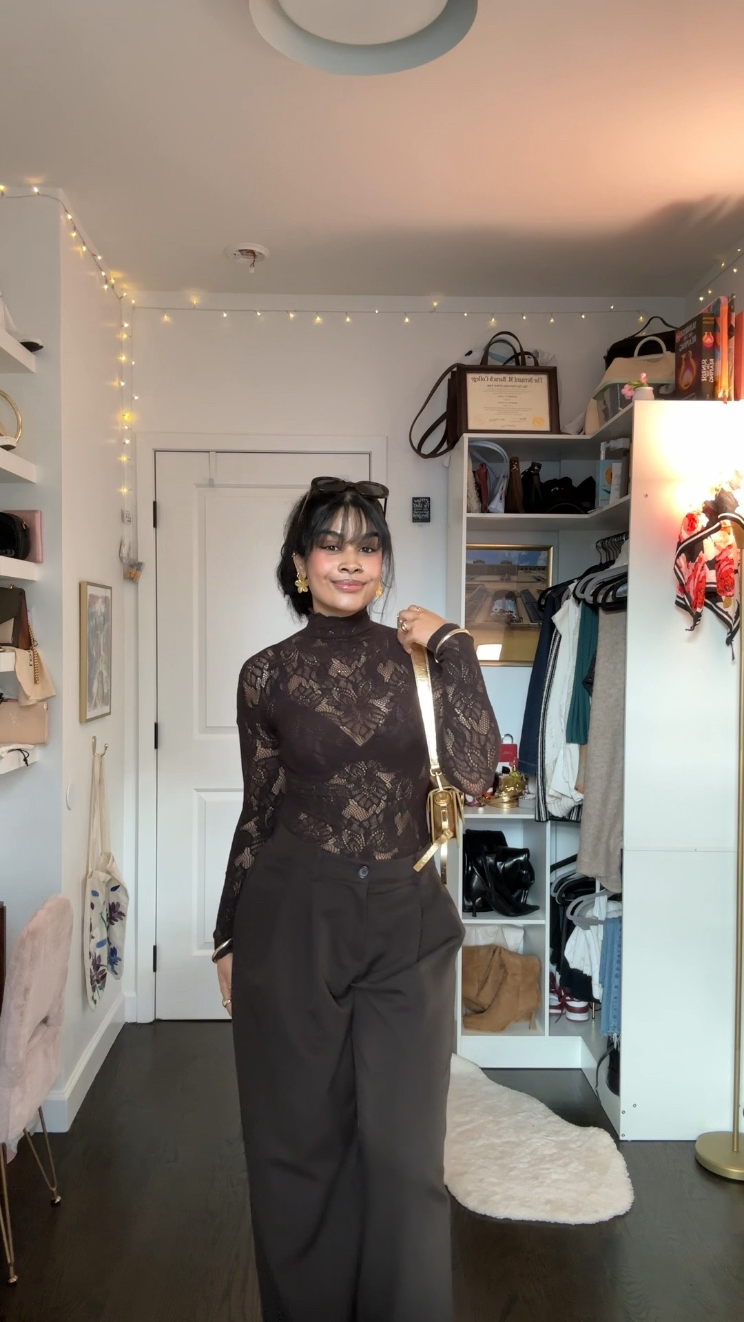 one of my favorite outfits from this fall :) 
top - it’s from Calzedonia, called the floral lace top in brown, size small/medium! But I think it’s sold out online  :( I found it in stores in nyc rn, so you may have some luck! 🫶🏽 I linked an alternative as well :)
trousers - linked!
sunglasses - le spec tortoise shell in the style outta love :) 
purse: Brandon Blackwood Nia bag :)