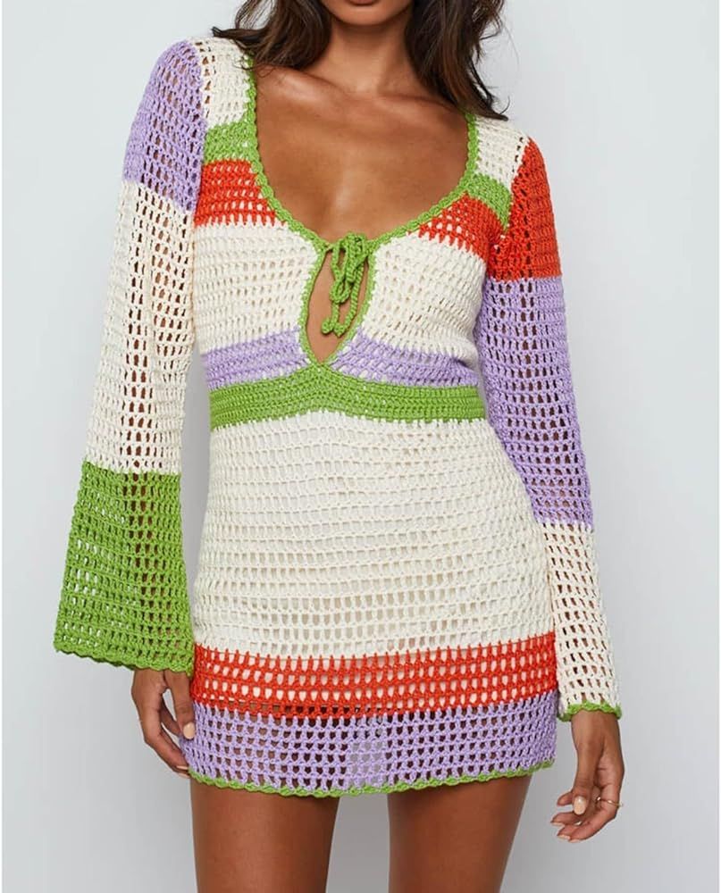 NUFIWI Women Backless Knitted Mini Dress Crochet Knit Hollow Out Sundress Long Sleeve Drawstring Tie | Amazon (US)