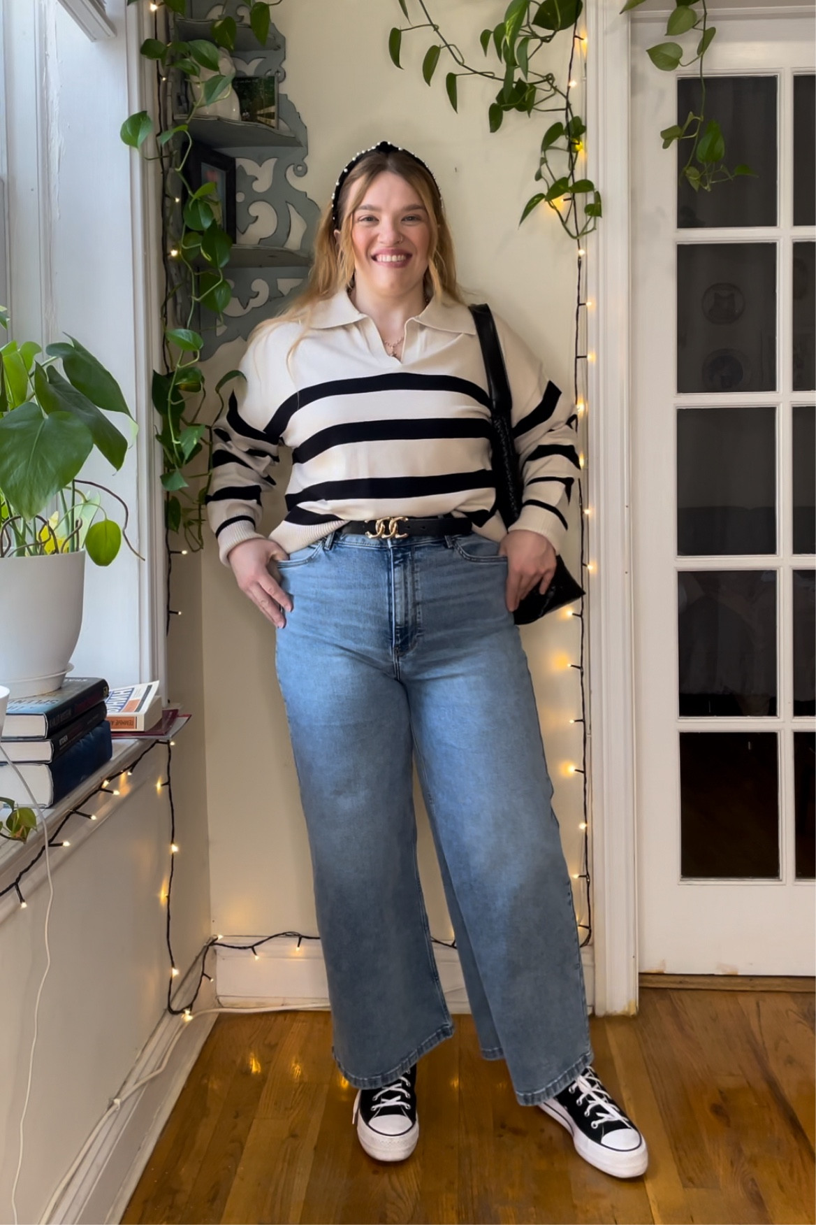 College school outfit fall fashion curvy midsize striped sweater jeans and sneakers 

#LTKSeasonal #LTKFindsUnder50 #LTKMidsize