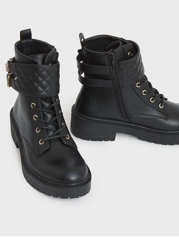 New Look Quilted Buckle Trim Chunky Biker Boots - Black | Very (UK)