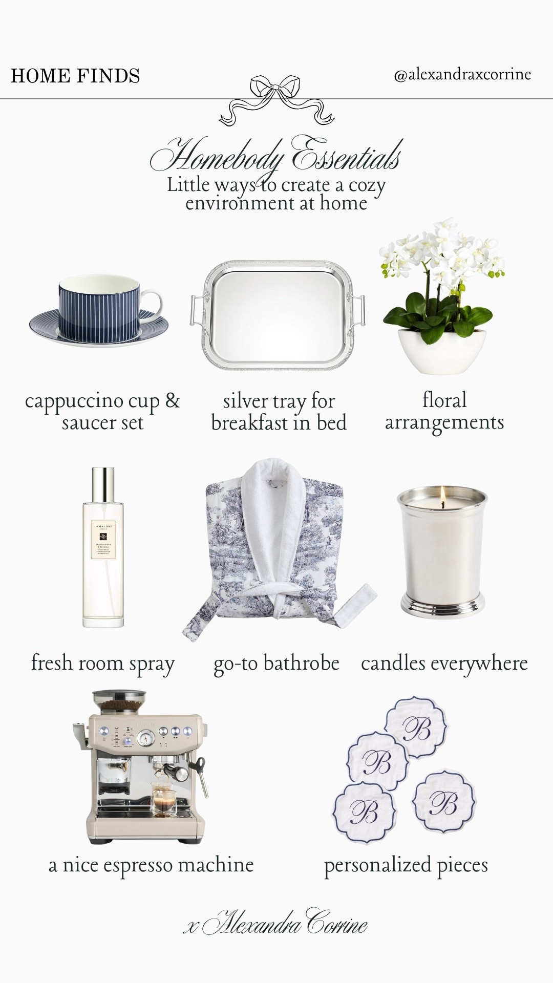 Cozy homebody essentials ☕️🤍🧺☁️

Homebody, cozy at home, home essentials, navy blue, silver, latte, luxury home finds, little luxuries, personalized home finds, custom home

#LTKHome