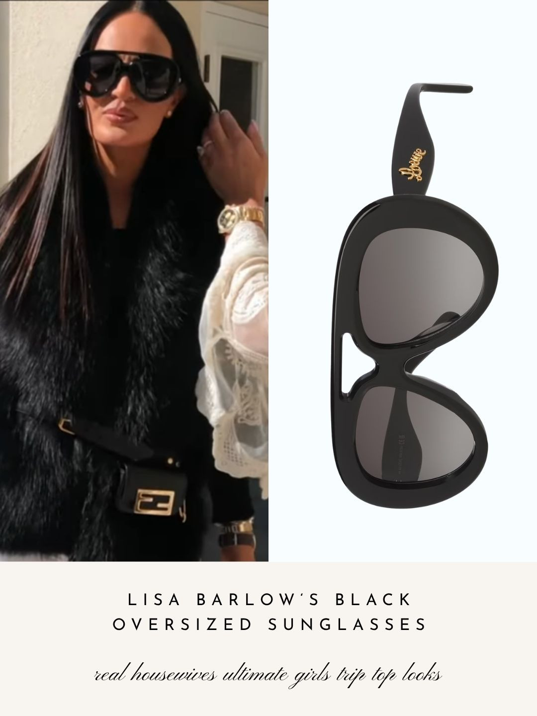 Lisa Barlow's Black Loewe Oversized Sunglasses on Real Housewives Ultimate Girls Trip: Roaring 20's  

 