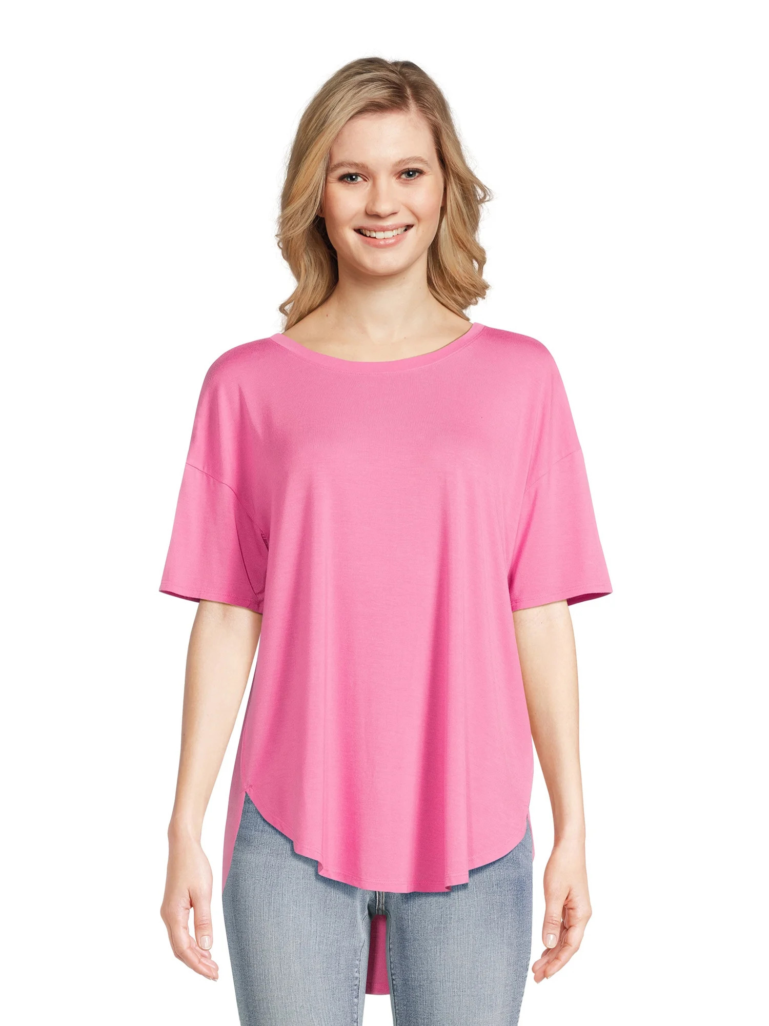 Time and Tru Women's Crewneck Tunic Tee with Short Sleeves, Sizes S-3XL - Walmart.com | Walmart (US)