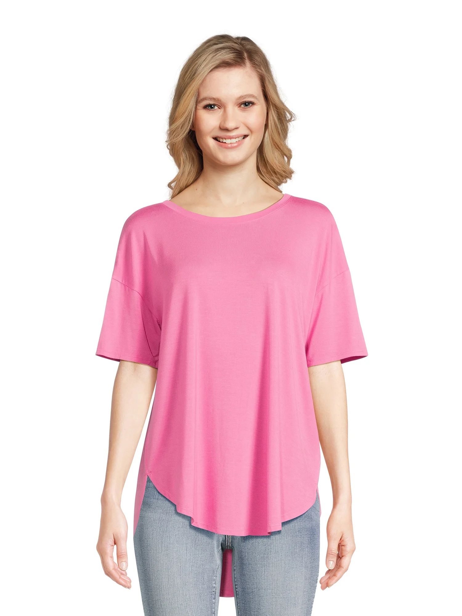 Time and Tru Women's Crewneck Tunic Tee with Short Sleeves, Sizes S-3XL | Walmart (US)