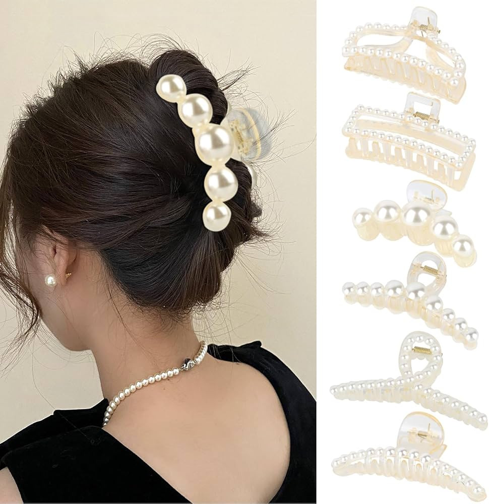 6Pcs Pearl Hair Clips Women, Large Claw Clips, Non Slip Hair Claw Clip For Thick Hair, Claw Clip ... | Amazon (UK)