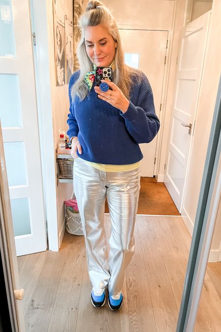 Ootd - Monday. Silver trousers, yellow t-shirt, royal blue sweater, colorful Puma ride on sneakers. 

#LTKeurope #LTKmidsize #LTKstyletip