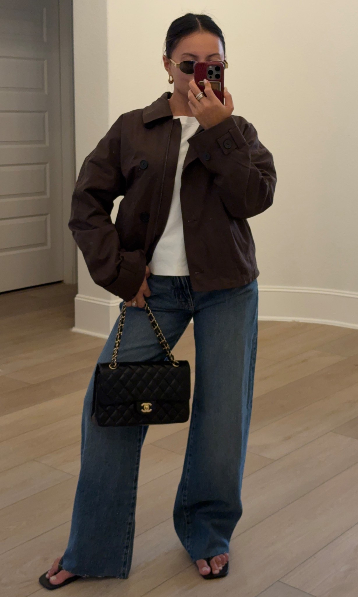 wearing the blazer in size XS and the skirt in size XXS @i am wearing the jacket and t shirt in size XS and the jeans in size 24. I hemmed the jeans 2.5 inches and i am 5’0 and wearing kitten heels. @dynamiteclothing #ad