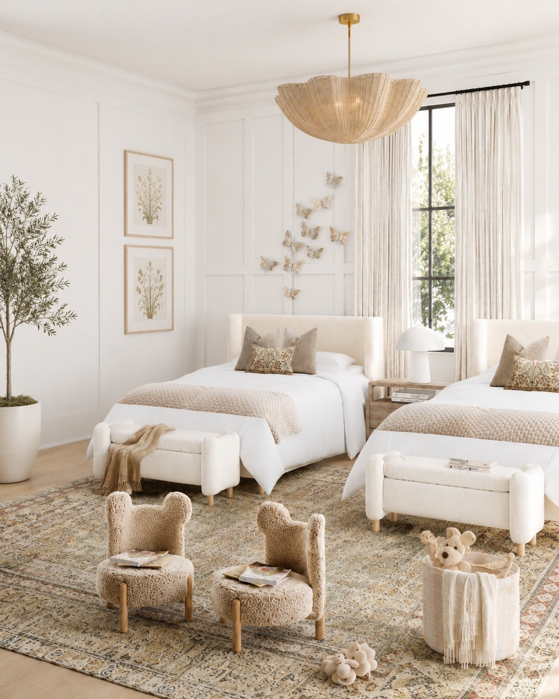 Stylish girls bedroom - furniture  and decor ideas, neutral aesthetic, twins room, shared kids bedroom, twin bedroom design ideas, wall decor, butterfly, teddy bear, kids room, upholstered bed, nightstand, area rug, white, beige, pink, greige, play chairs, dresser, heart, desk, office chair, curtains, earthy, pink, beige, white, woven pendant light, Pottery Barn style, Crate & Barrel look, Target, Walmart, Amazon home, Restoration Hardware style

#LTKhome #LTKsale #LTKkids