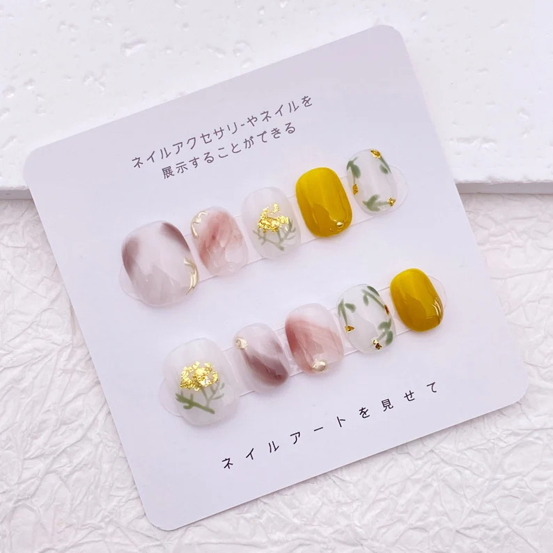 Simple Acrylic Flower Nail/Floral Nails/Gold Leaf Nails/Gold Foil Nail Designs/Classy Short Nails... | Etsy (US)