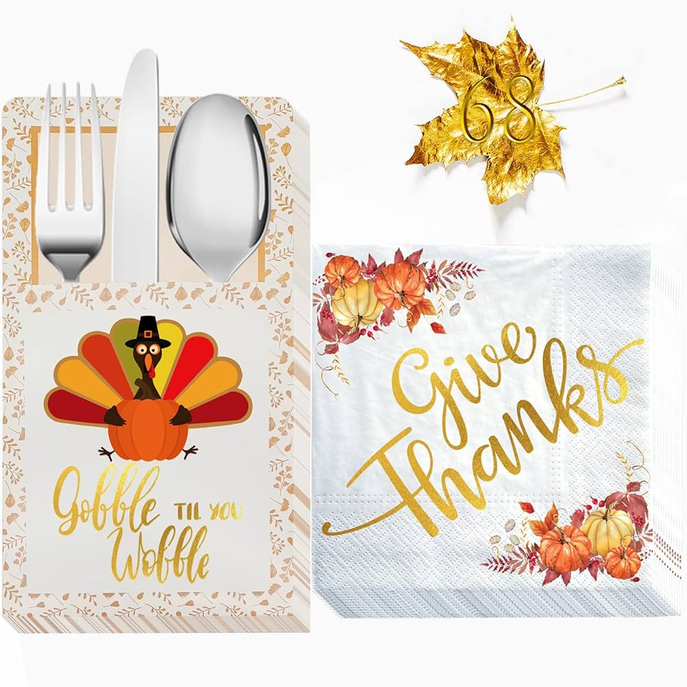 Thanksgiving Napkins, 50 Count Gold Foil Napkins Paper w 18 Count Cutlery Holders, Give Thanks De... | Amazon (US)