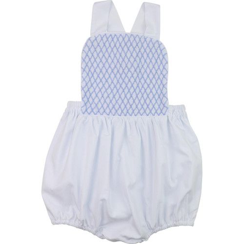 White And Blue Geometric Smocked Boys Bubble | Cecil and Lou