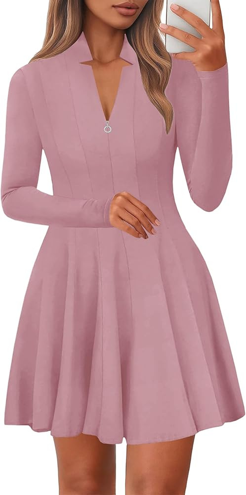 Lazysmile Fall Dresses for Women 2025 Long Sleeve V Neck Half Zip A Line Swing Casual Party Club ... | Amazon (US)