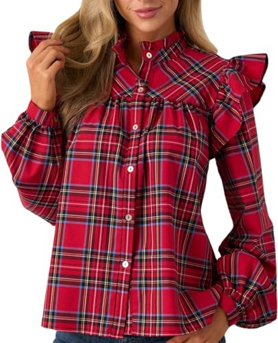 Plaid Shirts for Women Ruffle Button Down Shirts Puff Long Sleeves Blouses Collared Casual Tops | Amazon (US)