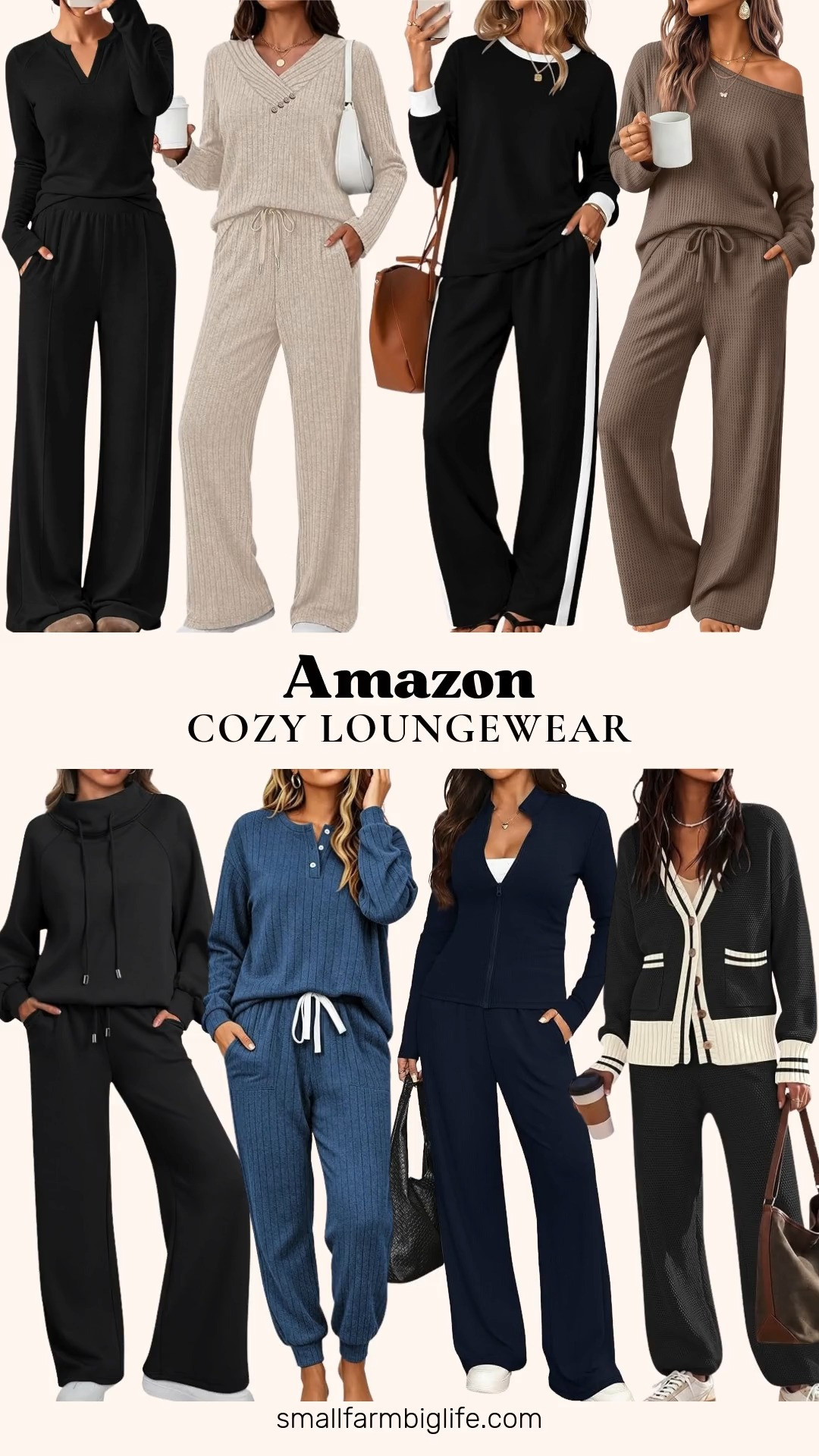 ☕ Amazon Cozy Loungewear

Cozy loungewear season is here, and these Amazon matching sets are soft, comfortable, and polished enough to wear out of the house. For an elevated look, try the black mock neck sweatshirt with wide leg sweatpants, or the black and cream button up cardigan sweater set with soft knit pants. The brown off the shoulder waffle knit set and the black V neck lounge set are relaxed and flattering, and the dusty blue ribbed knit pajama set with joggers is perfect for slow mornings. For travel days, the navy blue zip up top and high waisted wide leg pants, the black and white color block crewneck set, and the beige heather two piece set are comfortable for long flights and road trips. Most of these sets have pockets and stretchy fabric, so they're just as easy for airport outfits and weekend errands as they are for lounging at home. Matching sets are some of the easiest fall outfits for women over 50, and they make great holiday gifts too.

#amazonfashion #amazonfinds #loungewear #matchingset #airportoutfit 

 #LTKgrwm #LTKootd #LTKOver40