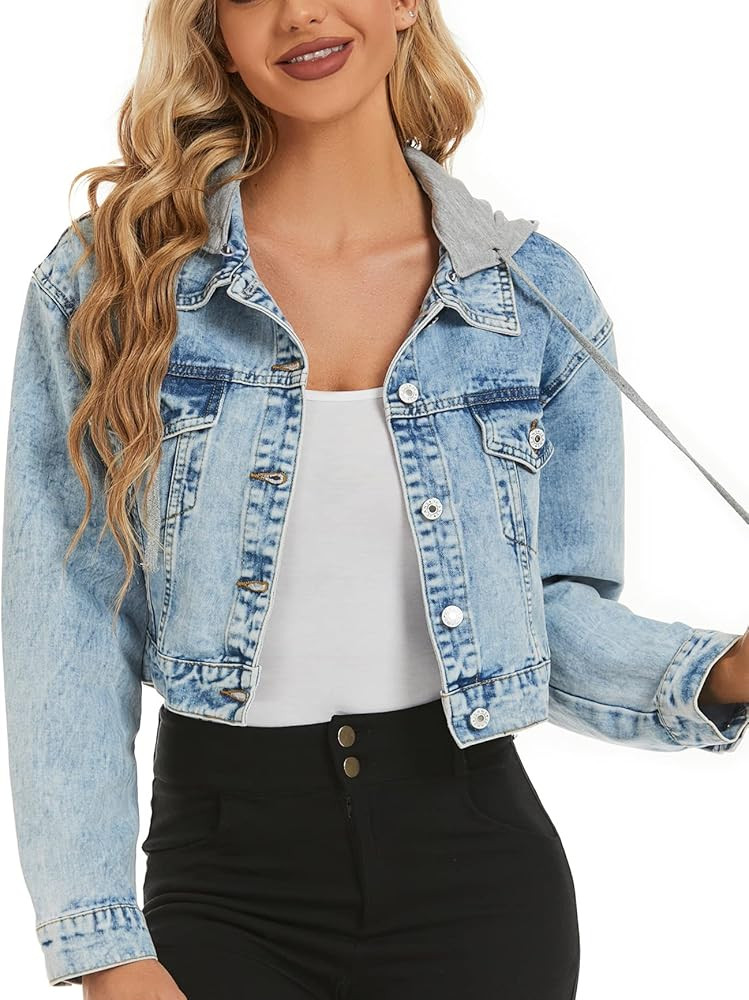 Ladyful Women's Jean Jacket with Hood Lightweight Cropped Denim Jacket Hoodie 2023 | Amazon (US)