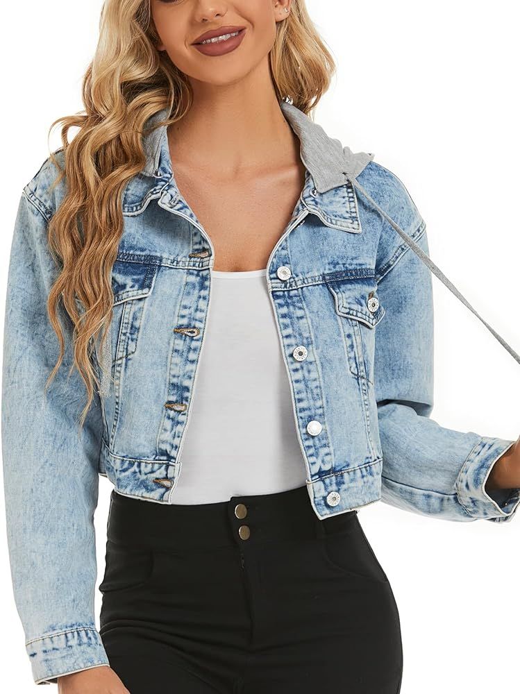 Ladyful Women's Jean Jacket with Hood Lightweight Cropped Denim Jacket Hoodie 2023 | Amazon (US)