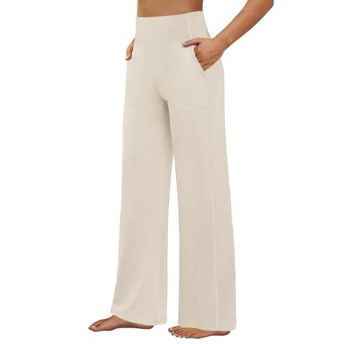 FireSwan Yoga Pants Women Wide Leg Pants High Waist Stretch Dress Loose Casual Lounge Sweatpants with Pockets Khaki | Amazon (US)