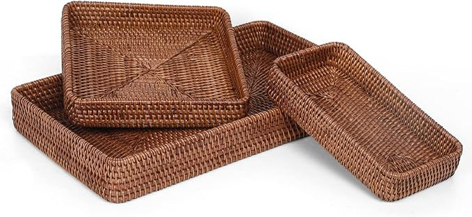 Rattan Serving Tray, Rectangular Woven Tray, Natural Wicker Decorative Serving Baskets for Organi... | Amazon (US)