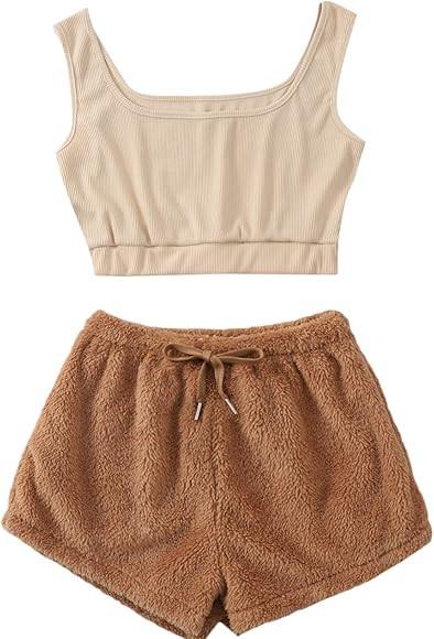 SweatyRocks Women's Fluffy Pajamas Set Crop Tank Top with Shorts Loungewear | Amazon (US)