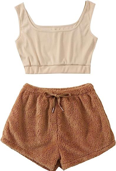 SweatyRocks Women's Fluffy Pajamas Set Crop Tank Top with Shorts Loungewear | Amazon (US)