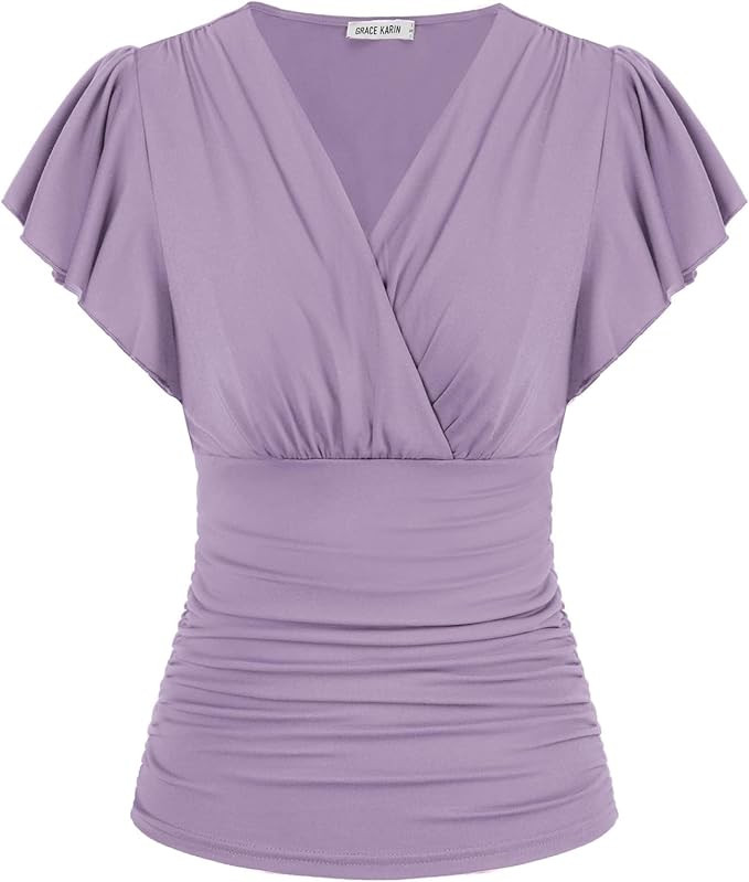 GRACE KARIN Womens Tops Elegant Surplice Wrap Blouse V Neck Lantern Long Sleeve Slim Fit Ruched T... | Amazon (US)