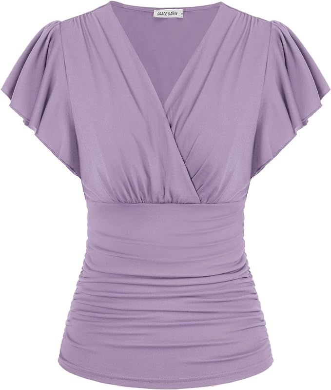 GRACE KARIN Womens Tops Elegant Surplice Wrap Blouse V Neck Lantern Long Sleeve Slim Fit Ruched T... | Amazon (US)