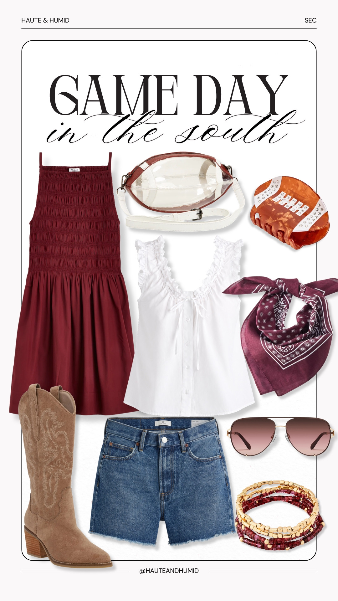 Game day in the South means dressing for fall colors when the temperatures definitely haven’t gotten the memo. Burgundy, denim, cowboy boots and a few fun accessories make these pieces perfect for tailgates, SEC football weekends and everything after the game.

game day outfit, SEC game day, southern game day outfit, football outfit, burgundy dress, denim shorts, cowboy boots, tailgate outfit, fall game day style, college football outfit, game day accessories, HauteandHumid 

 #LTKootd #LTKSeasonal #LTKOver40