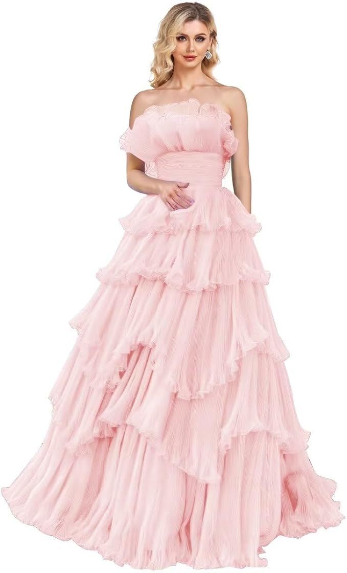 Strapless Ruffles Prom Dresses Long Tiered Tulle Ball Gown Princess Formal Evening Gowns for Wome... | Amazon (US)