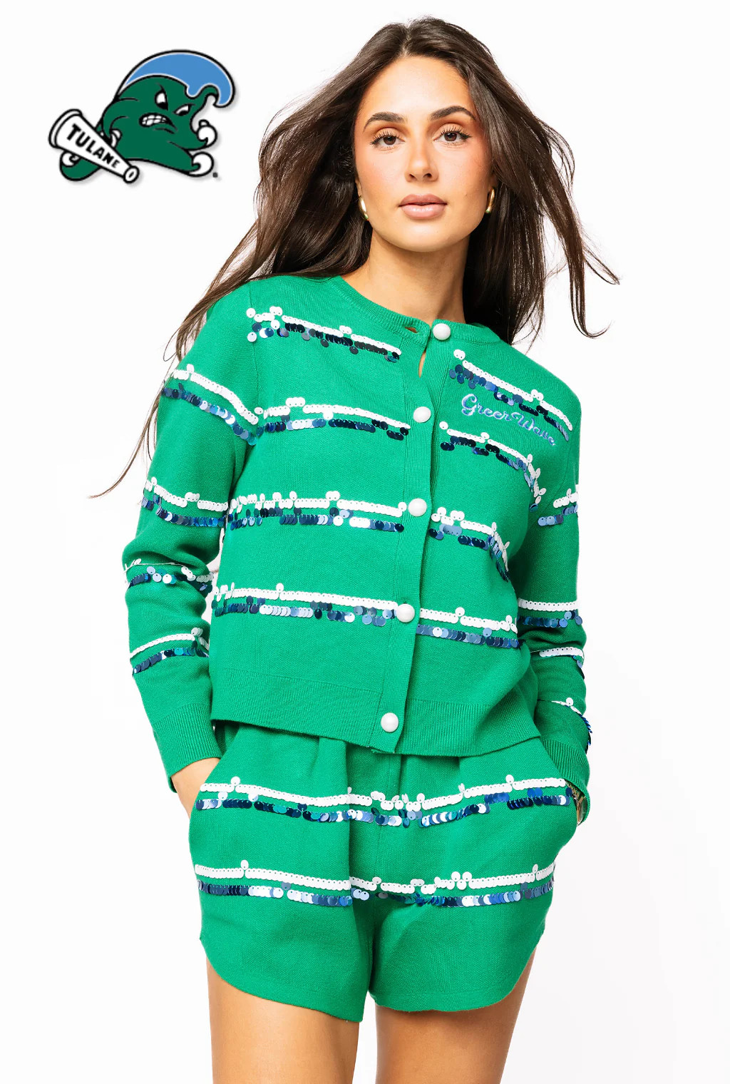 Licensed Sample - Tulane Full Sequin Skinny Stripe Cardigan/Short SET | Queen of Sparkles