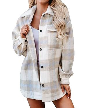BTFBM Women's Long Sleeve Button Down Jackets Plaid Flannel Shirts Tops Casual Lapel V Neck Overs... | Amazon (US)