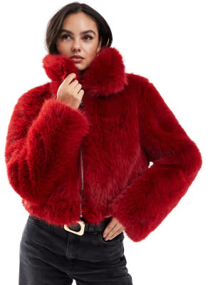 ASOS DESIGN cropped faux fur bomber jacket in red | ASOS (Global)