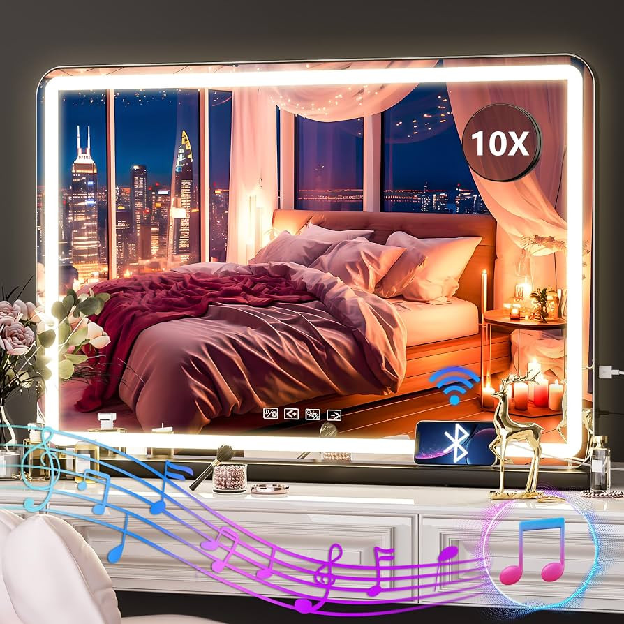 Hasipu Vanity Mirror with Lights and Bluetooth Speaker, 32" x 21.7" LED Makeup Mirror, Lighted Ma... | Amazon (US)