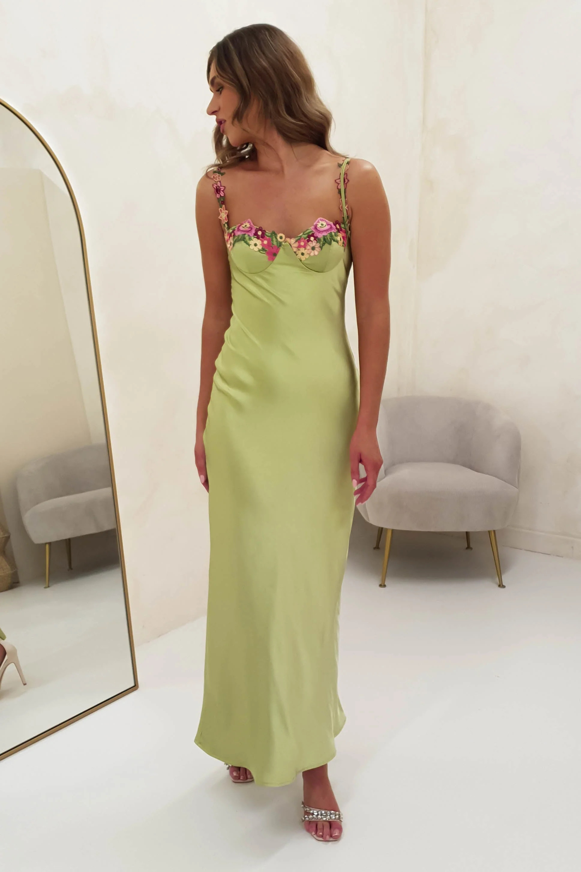 Klabelle Satin Maxi Dress | Lime | Oh Hello Clothing