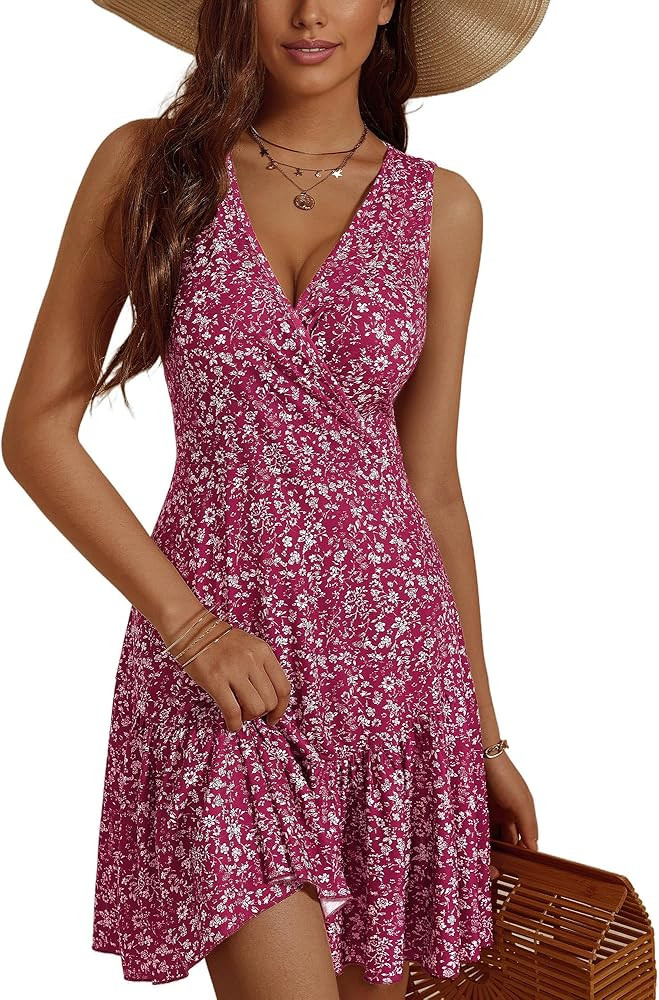 FENSACE Women's Summer Sleeveless Sexy Wrap V Neck Floral Sundress Mini Dress | Amazon (US)