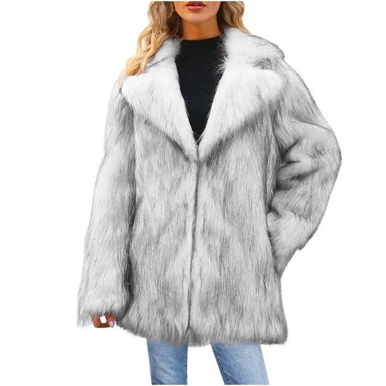 Usmixi Faux Fur Coat for Women Fluffy Plush Coats for Women Plus Size Long Sleeve Lapel Open Fron... | Walmart (US)