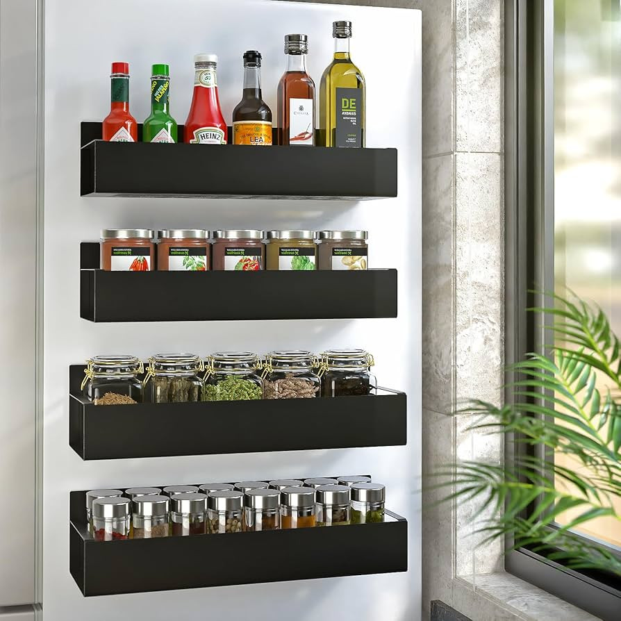Hoenart 4 Pack Magnetic Spice Rack for Refrigerator, Moveable Magnetic Spice Organizer, Black Met... | Amazon (US)