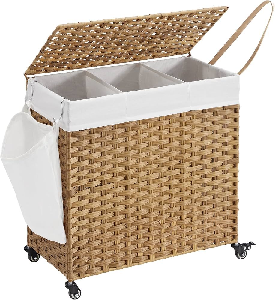 SONGMICS Laundry Hamper with Wheels & Removable Liner Bag, 3-Section Handwoven Synthetic Rattan L... | Amazon (US)