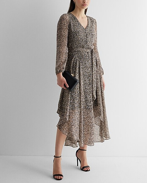 Floral Button Front Tie Waist Midi Dress | Express