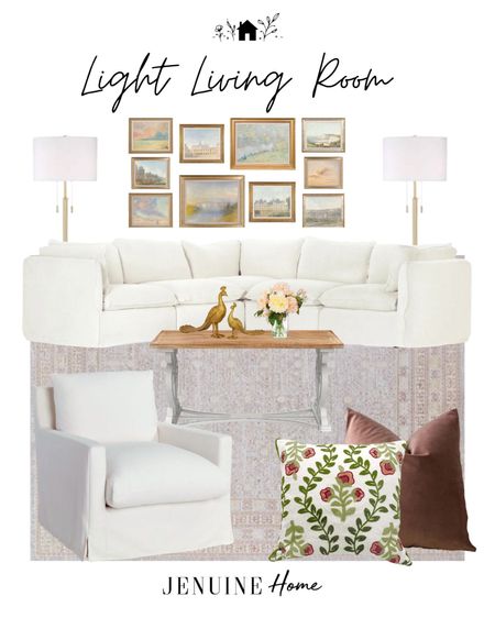 Light living room. Traditional living room. White sectional couch. White traditional couch. Gold peacock decor. Faux flowers. French country living room. French country coffee table. Rustic coffee table. Floral embroidery throw pillow. Velvet mauve throw pillow. Throw pillow set. Light neutral traditional rug. White arm chair. Traditional white armchair. Gold floor lamps. Traditional lamp. Traditional gold lamp. Painting gallery wall collection. Traditional art. Peaceful art  