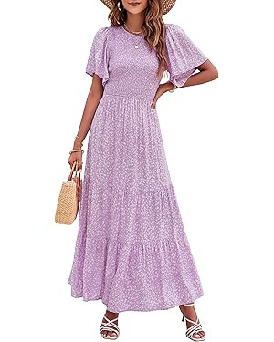 ZESICA Women's 2025 Summer Casual Floral Print Short Flutter Sleeve Crew Neck Smocked High Waist ... | Amazon (US)