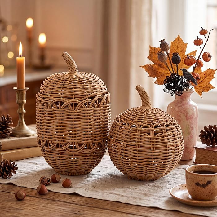 2 Pack Fall Woven Rattan Pumpkin Decor, Wicker Pumpkin Table Centerpiece | Amazon (US)