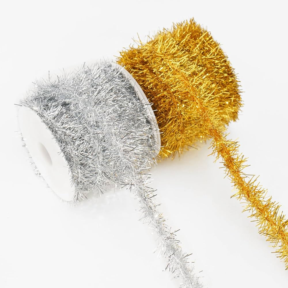 KINGLAKE Christmas Tinsel Ribbon, 2 Rolls Glitter Gold Silver Tinsel Garland, 20 Yards Round Chri... | Amazon (US)