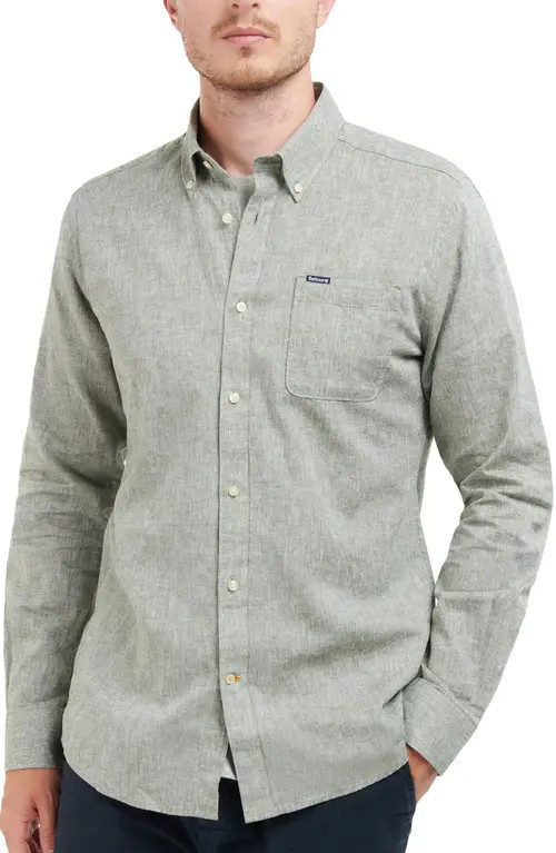 Barbour Nelson Tailored Fit Solid Linen & Cotton Button-Down Shirt in Bleached Olive at Nordstrom, Size Large | Nordstrom