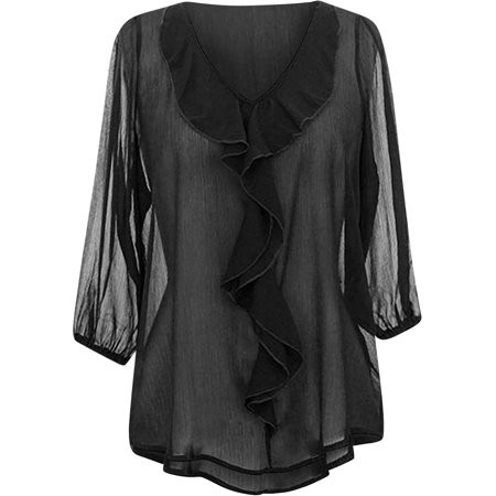 Black Sheer Chiffon Top With Ruffled Neckline Size Small | Walmart (US)