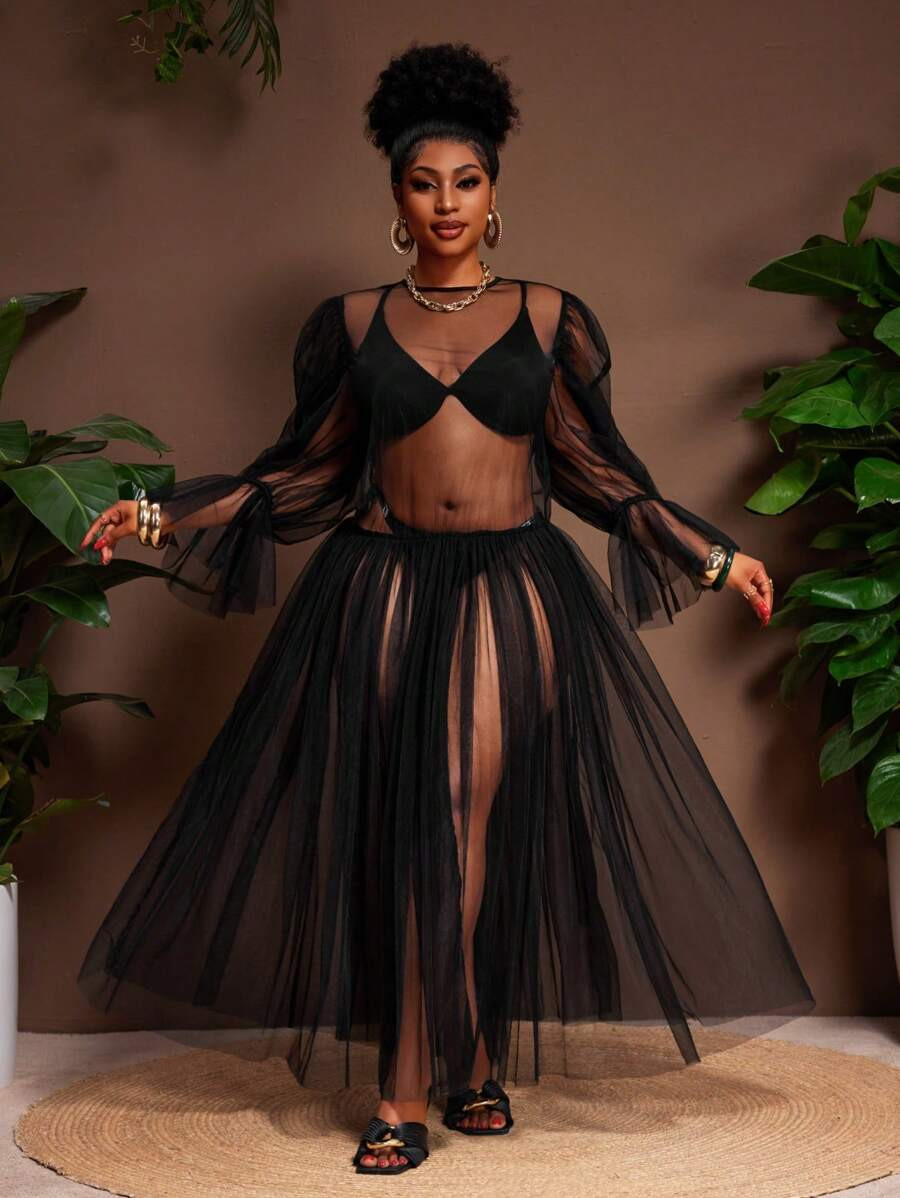 Slaydiva 2025 New Mesh Puff Sleeve Sheer Solid Color A-Line Loose Plus Size Dress, Suitable For M... | SHEIN