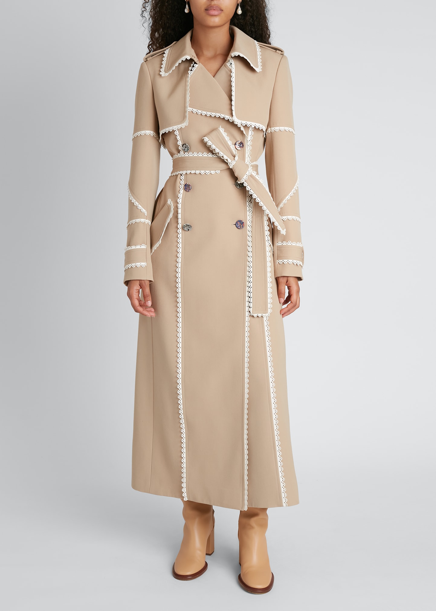 Double-Breasted Belted Trench w/ Scalloped Leather Ribbons | Bergdorf Goodman