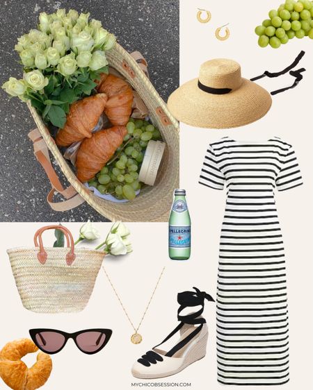 French inspired spring mood board: striped dress, espadrilles, straw hat, cat eye sunglasses, pendant necklace, straw hat 

#LTKshoecrush #LTKSeasonal