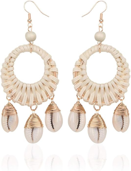 Rattan Straw shell Dangle Earrings Boho Wicker Woven Handmade Earrings Lightweight Geometric Drop... | Amazon (US)
